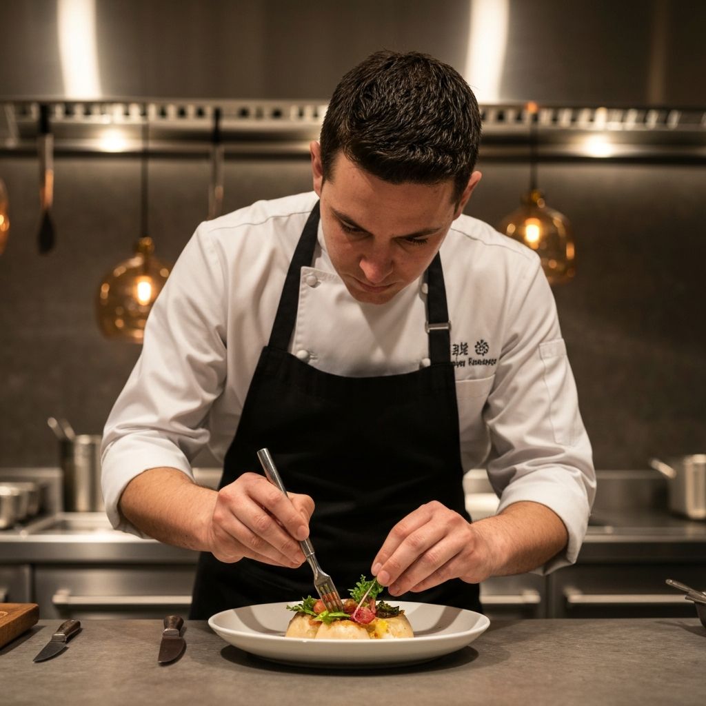 Profesjonalny szef kuchni dekorujacy danie gourmet w restauracyjnej kuchni