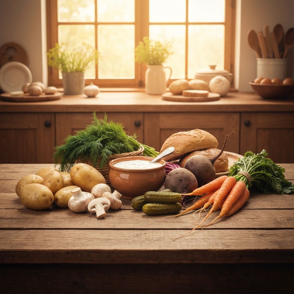 Swieze sezonowe skladniki do polskiej kuchni na rustykalnym drewnianym stole